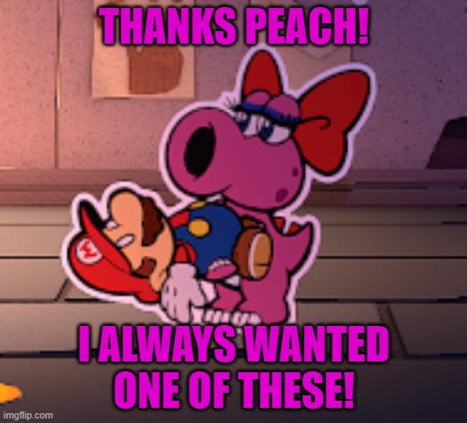 Mario & Birdo | THANKS PEACH! I ALWAYS WANTED ONE OF THESE! | image tagged in mario's birdo | made w/ Imgflip meme maker