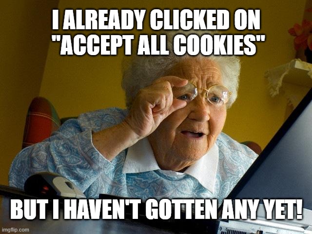 Grandma Finds The Internet Meme | I ALREADY CLICKED ON
 "ACCEPT ALL COOKIES"; BUT I HAVEN'T GOTTEN ANY YET! | image tagged in memes,grandma finds the internet,cookies,funny,why are you reading the tags | made w/ Imgflip meme maker