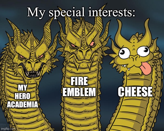 I swear how did cheese become one of my special interests | My special interests:; FIRE EMBLEM; MY HERO ACADEMIA; CHEESE | image tagged in three-headed dragon | made w/ Imgflip meme maker