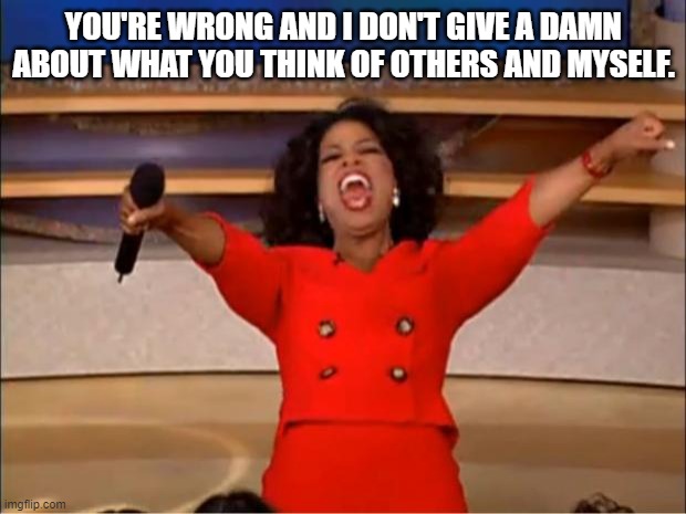Oprah You Get A Meme | YOU'RE WRONG AND I DON'T GIVE A DAMN ABOUT WHAT YOU THINK OF OTHERS AND MYSELF. | image tagged in memes,oprah you get a | made w/ Imgflip meme maker