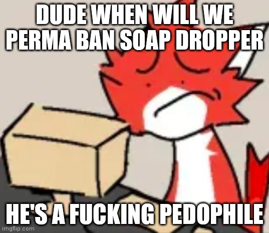 distraught | DUDE WHEN WILL WE PERMA BAN SOAP DROPPER; HE'S A FUCKING PEDOPHILE | image tagged in distraught | made w/ Imgflip meme maker