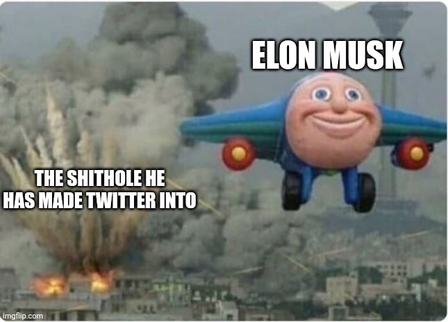 Flying Away From Chaos | ELON MUSK; THE SHITHOLE HE HAS MADE TWITTER INTO | image tagged in flying away from chaos | made w/ Imgflip meme maker