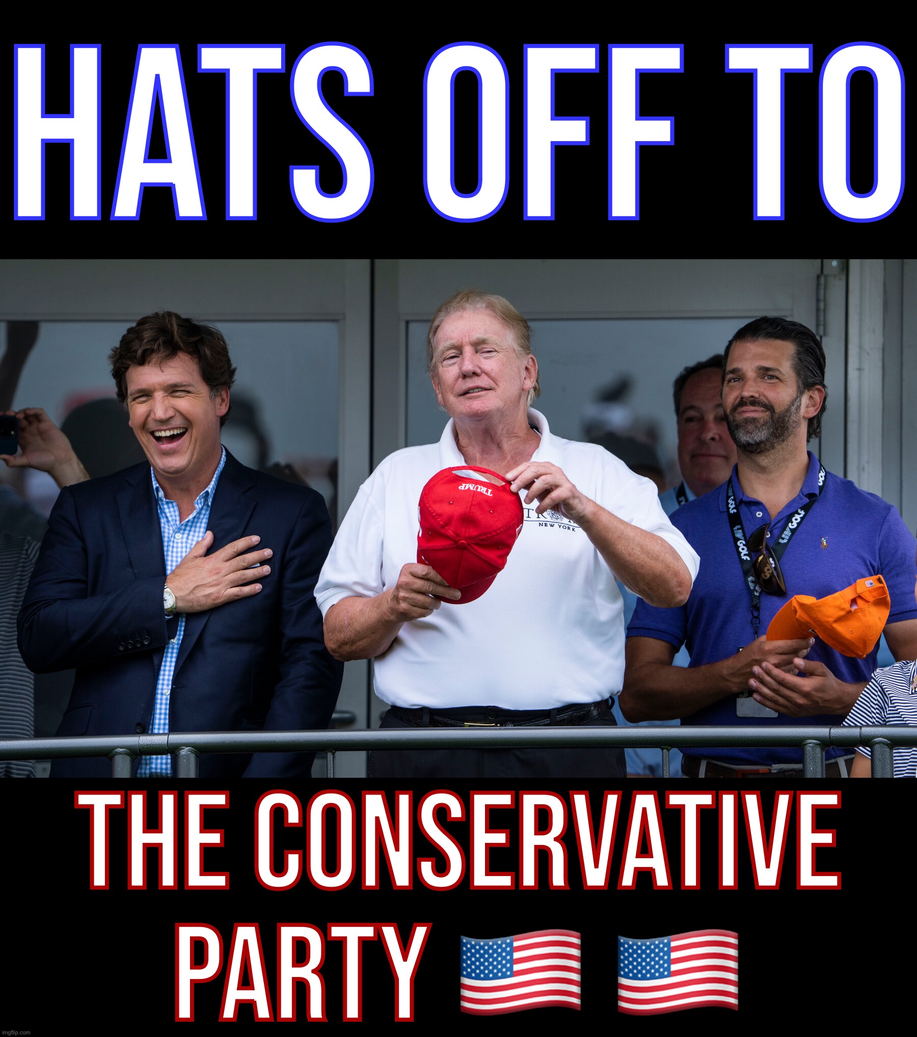 Conservative Party pulls off a hat trick of late-breaking endorsements! Thanks guys! #heavyhitters #slomentum | HATS OFF TO; THE CONSERVATIVE PARTY 🇺🇸 🇺🇸 | image tagged in tucker carlson donald trump and djt jr,conservative party,endorsements,tucker carlson,donald trump,donald trump jr | made w/ Imgflip meme maker