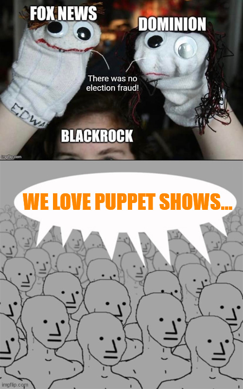 Sock puppets... | WE LOVE PUPPET SHOWS... | image tagged in npcprogramscreed,brainwashed,libtards | made w/ Imgflip meme maker