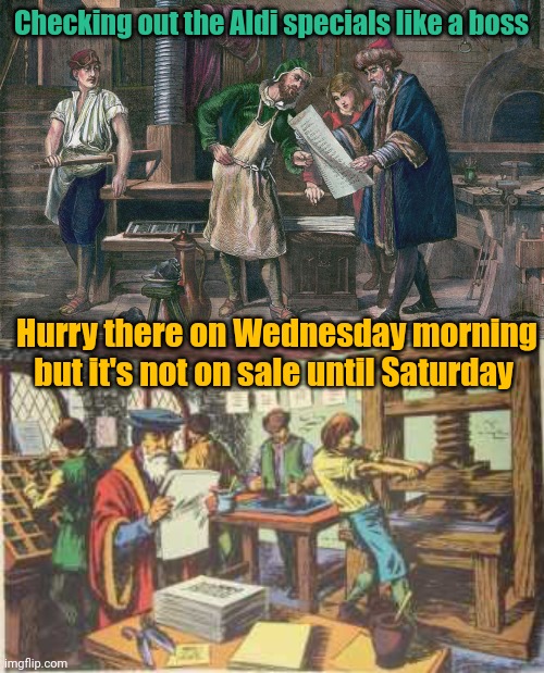 Aldi Special Buys | Checking out the Aldi specials like a boss; Hurry there on Wednesday morning but it's not on sale until Saturday | image tagged in meme,classical art,aldi special buys | made w/ Imgflip meme maker