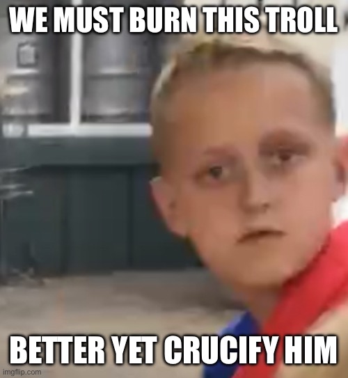Concerned Child | WE MUST BURN THIS TROLL BETTER YET CRUCIFY HIM | image tagged in concerned child | made w/ Imgflip meme maker