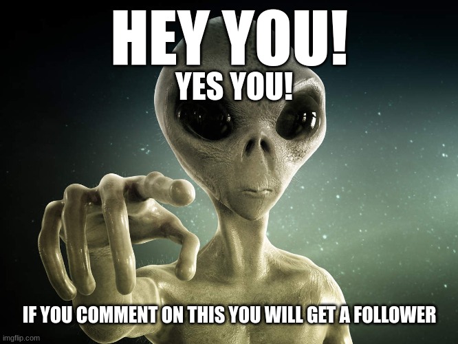 i will do it | HEY YOU! YES YOU! IF YOU COMMENT ON THIS YOU WILL GET A FOLLOWER | image tagged in alien hey you | made w/ Imgflip meme maker