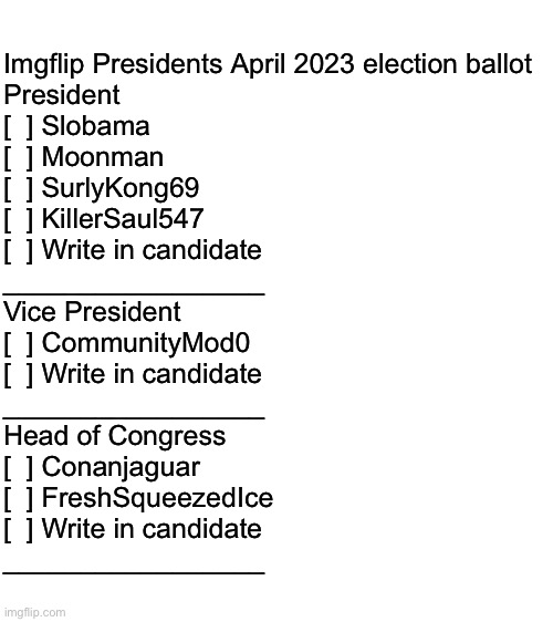 IMGFLIP_PRESIDENTS April 2023 election ballot Blank Meme Template
