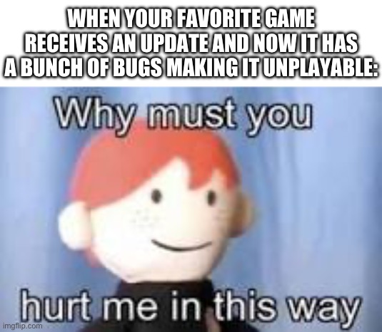 Why must you hurt me in this way | WHEN YOUR FAVORITE GAME RECEIVES AN UPDATE AND NOW IT HAS A BUNCH OF BUGS MAKING IT UNPLAYABLE: | image tagged in why must you hurt me in this way | made w/ Imgflip meme maker