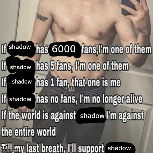 (mod note: I disagree) (second mod note:Bro we get it your gay) (LucotIC note: shut up hoe nobody cares if you agree or not) | shadow; 6000; shadow; shadow; shadow; shadow; shadow | image tagged in if x has x fans | made w/ Imgflip meme maker