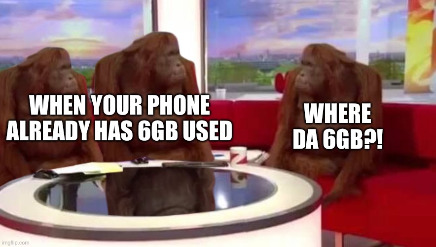 Nope, let me return it... | WHERE DA 6GB?! WHEN YOUR PHONE ALREADY HAS 6GB USED | image tagged in where monkey | made w/ Imgflip meme maker