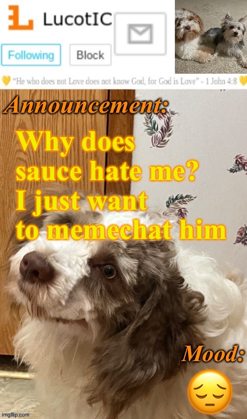 . | Why does sauce hate me? I just want to memechat him; 😔 | image tagged in lucotic s fangz announcement temp thanks strike | made w/ Imgflip meme maker