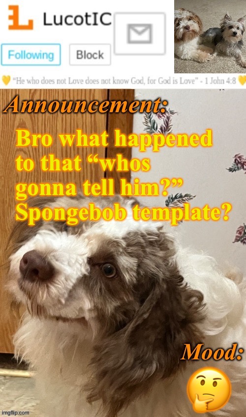 I cant find it in the memes | Bro what happened to that “whos gonna tell him?” Spongebob template? 🤔 | image tagged in lucotic s fangz announcement temp thanks strike | made w/ Imgflip meme maker