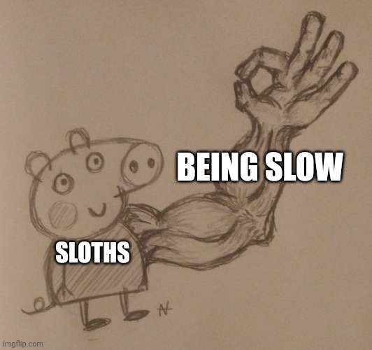 Sloths are great at being slow | BEING SLOW; SLOTHS | image tagged in buff arm pig | made w/ Imgflip meme maker