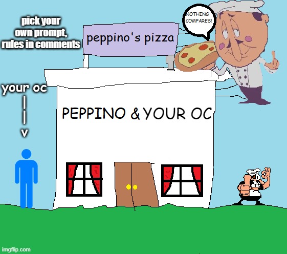 i made this with a few images and my drawing skill | pick your own prompt, rules in comments; your oc
|
|
v; YOUR OC | image tagged in peppino and you | made w/ Imgflip meme maker