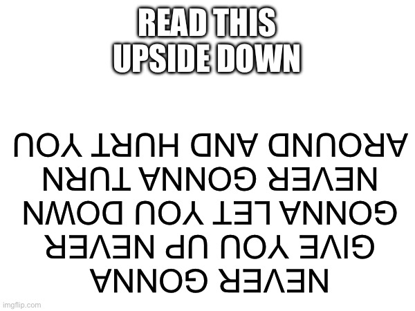:| | READ THIS UPSIDE DOWN; NEVER GONNA GIVE YOU UP NEVER GONNA LET YOU DOWN NEVER GONNA TURN AROUND AND HURT YOU | image tagged in blank white template,memes,troll,fun | made w/ Imgflip meme maker