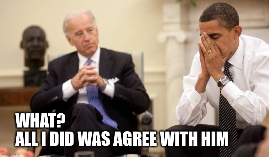 Biden Obama | WHAT?
ALL I DID WAS AGREE WITH HIM | image tagged in biden obama | made w/ Imgflip meme maker