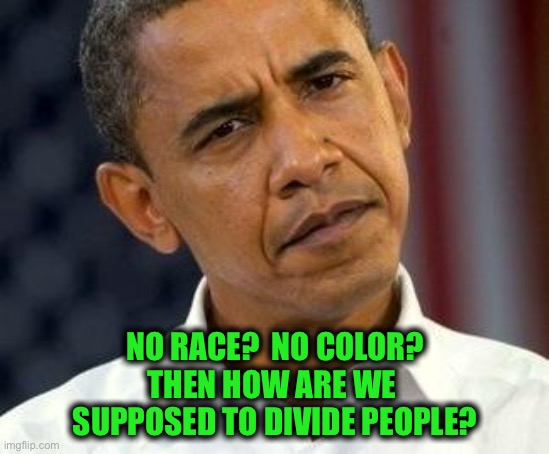 confused obama | NO RACE?  NO COLOR?
THEN HOW ARE WE 
SUPPOSED TO DIVIDE PEOPLE? | image tagged in confused obama | made w/ Imgflip meme maker