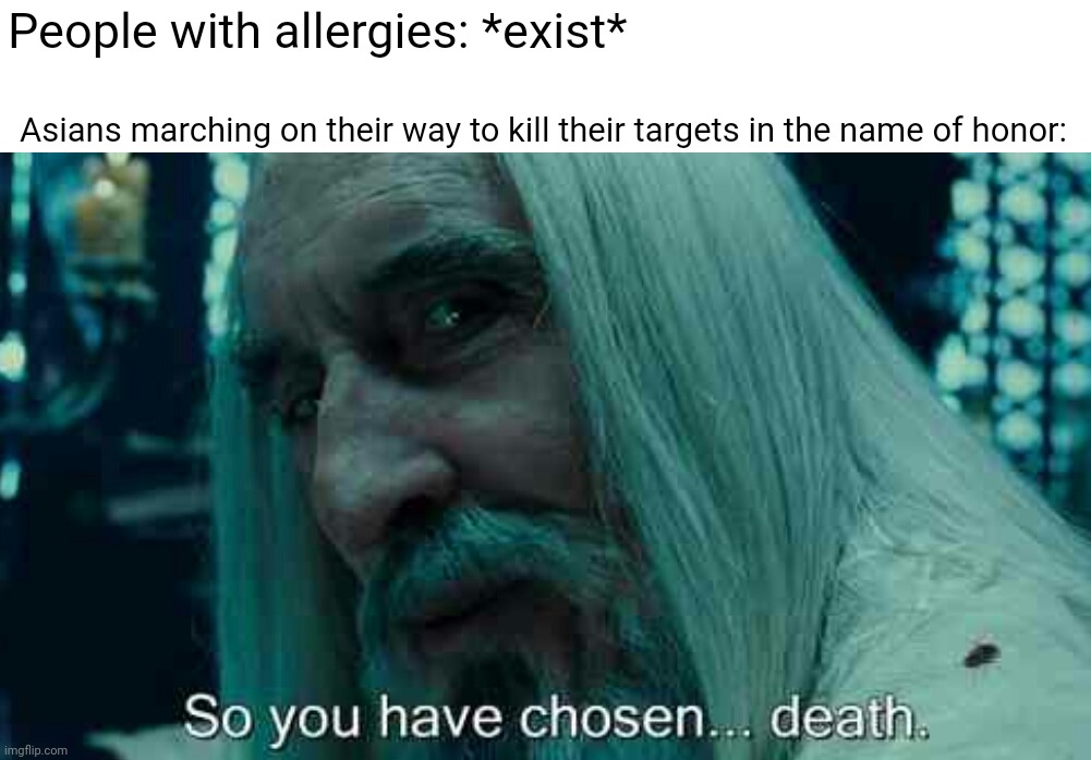 So you have chosen death | People with allergies: *exist*; Asians marching on their way to kill their targets in the name of honor: | image tagged in so you have chosen death,asians,honor,for honor | made w/ Imgflip meme maker