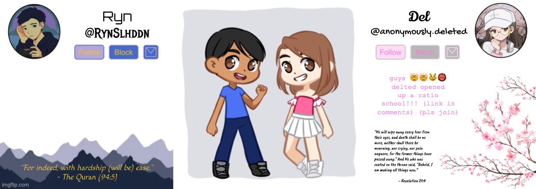 sponsored by Delete-Thy_Account | guys 🤯🤯😼👹 delted opened up a ratio school!!! (link in comments) (pls join) | image tagged in ryn and del shared announcement | made w/ Imgflip meme maker