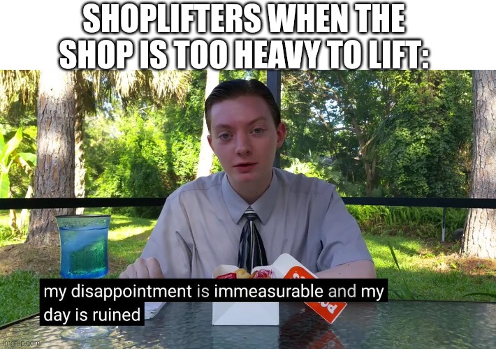 Shoplifting be like | SHOPLIFTERS WHEN THE SHOP IS TOO HEAVY TO LIFT: | image tagged in my disappointment is immeasurable,shoplifting,heavy,memes,funny memes | made w/ Imgflip meme maker