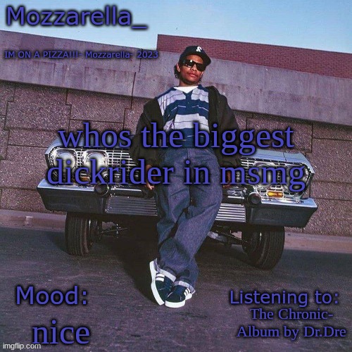 one of the community  mods | whos the biggest dickrider in msmg; The Chronic- Album by Dr.Dre; nice | image tagged in eazy-e temp | made w/ Imgflip meme maker