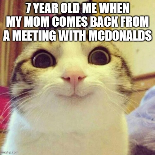 Good times- | 7 YEAR OLD ME WHEN MY MOM COMES BACK FROM A MEETING WITH MCDONALDS | image tagged in memes,smiling cat | made w/ Imgflip meme maker