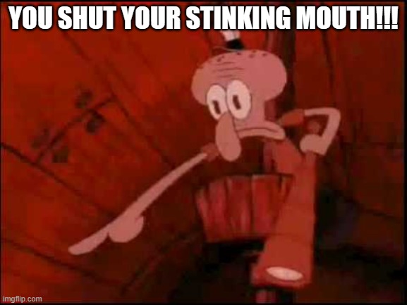 Squidward pointing | YOU SHUT YOUR STINKING MOUTH!!! | image tagged in squidward pointing | made w/ Imgflip meme maker