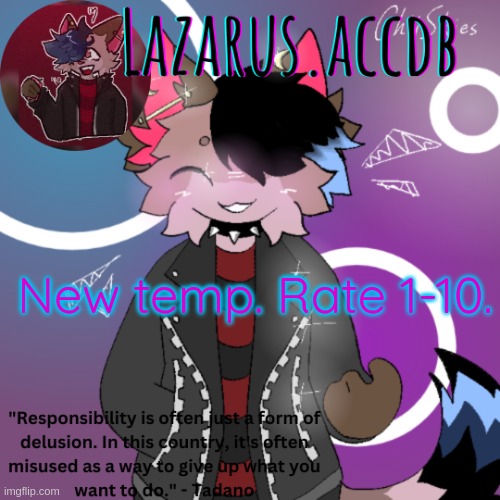 Lazarus temp | New temp. Rate 1-10. | image tagged in lazarus temp | made w/ Imgflip meme maker