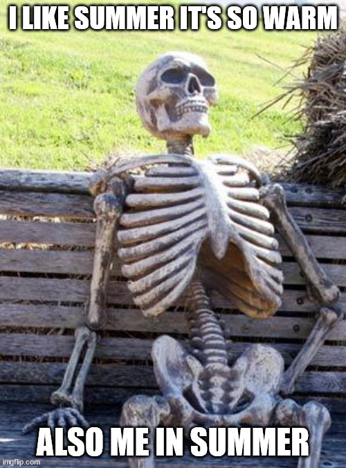 Hey it's summer time! | I LIKE SUMMER IT'S SO WARM; ALSO ME IN SUMMER | image tagged in memes,waiting skeleton | made w/ Imgflip meme maker