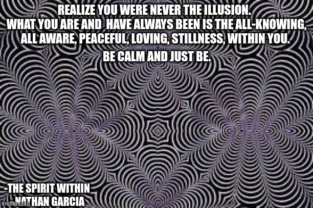 REALIZE YOU WERE NEVER THE ILLUSION.  
WHAT YOU ARE AND  HAVE ALWAYS BEEN IS THE ALL-KNOWING, ALL AWARE, PEACEFUL, LOVING, STILLNESS, WITHIN YOU. BE CALM AND JUST BE. -THE SPIRIT WITHIN
- NATHAN GARCIA | image tagged in spirituality | made w/ Imgflip meme maker
