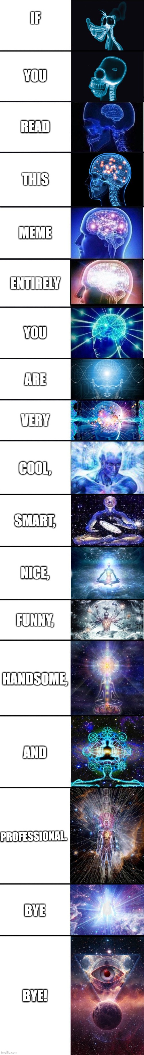 expanding brain meme but wiiiiiiiideeeeee | IF; YOU; READ; THIS; MEME; ENTIRELY; YOU; ARE; VERY; COOL, SMART, NICE, FUNNY, HANDSOME, AND; PROFESSIONAL. BYE; BYE! | image tagged in expanding brain 9001,very long,long,memes | made w/ Imgflip meme maker