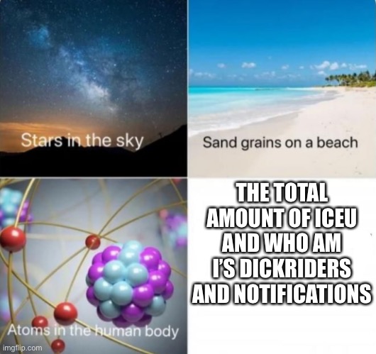 impossible things to count | THE TOTAL AMOUNT OF ICEU AND WHO AM I’S DICKRIDERS AND NOTIFICATIONS | image tagged in impossible things to count | made w/ Imgflip meme maker