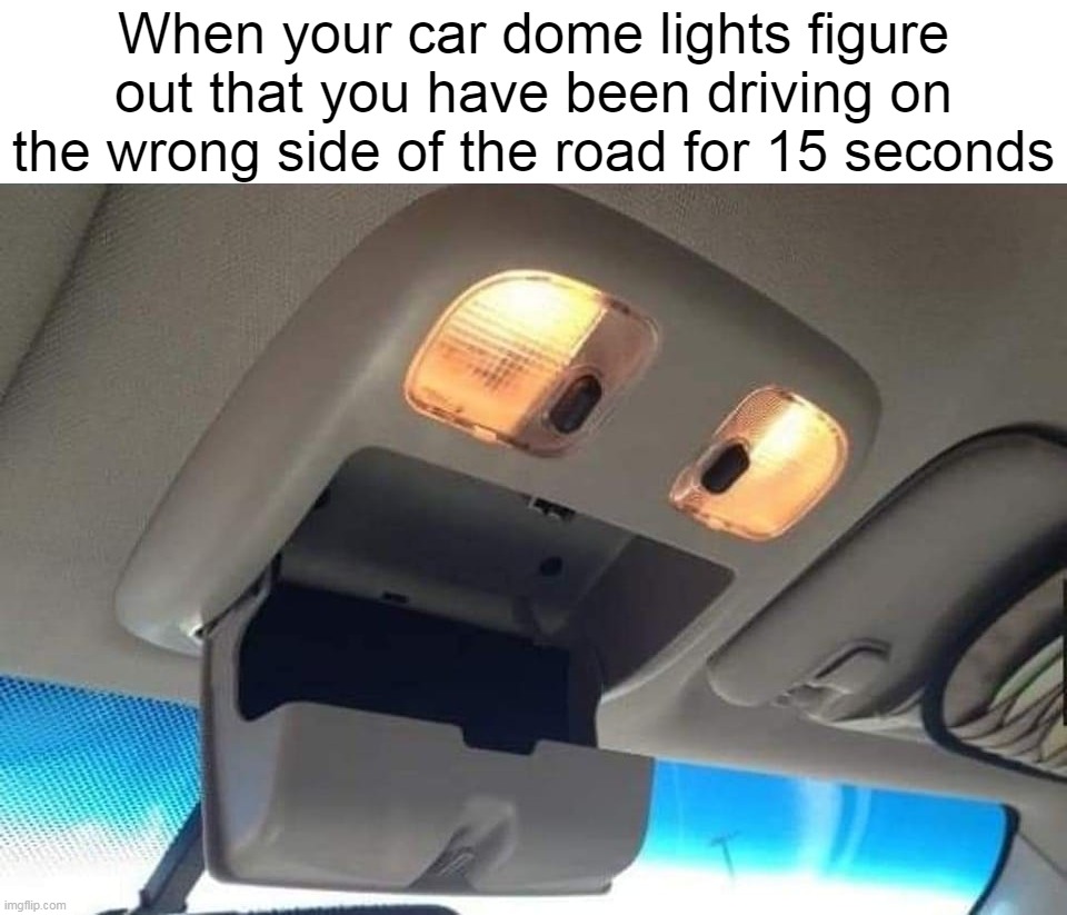 When your car dome lights figure out that you have been driving on the wrong side of the road for 15 seconds | image tagged in meme,memes,funny | made w/ Imgflip meme maker