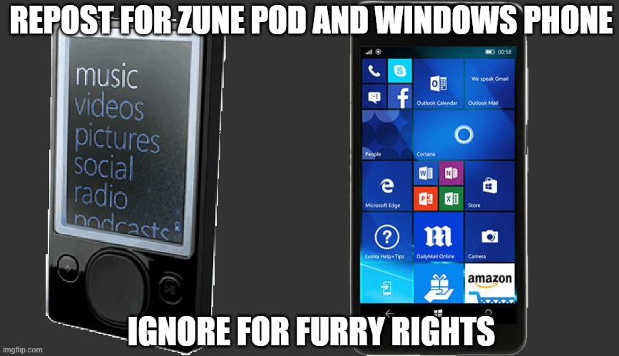 REPOST FOR ZUNE POD AND WINDOWS PHONE; IGNORE FOR FURRY RIGHTS | image tagged in zune pod,windows phone | made w/ Imgflip meme maker