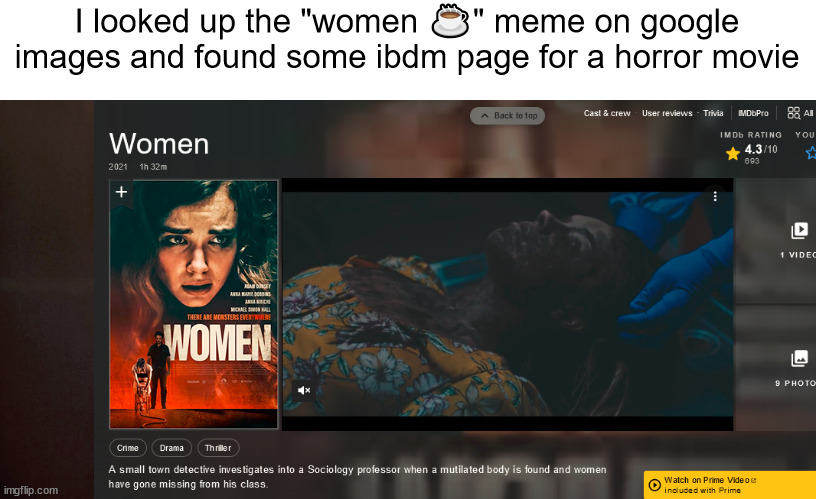 why though | I looked up the "women ☕" meme on google images and found some ibdm page for a horror movie | made w/ Imgflip meme maker