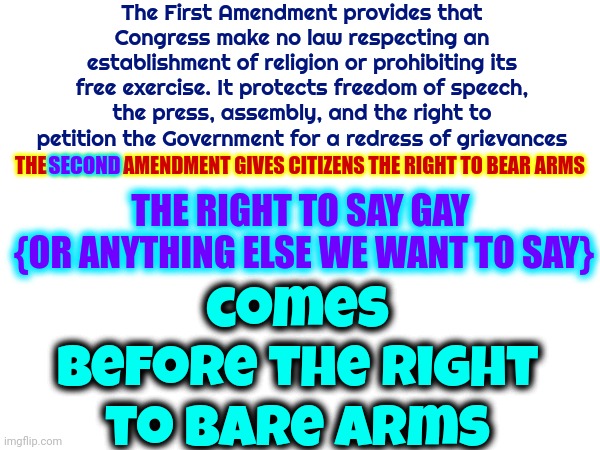 First.  The First.  The FIRST Amendment Comes BEFORE The SECOND | The First Amendment provides that Congress make no law respecting an establishment of religion or prohibiting its free exercise. It protects freedom of speech, the press, assembly, and the right to petition the Government for a redress of grievances; comes before the right to bare arms; THE SECOND AMENDMENT GIVES CITIZENS THE RIGHT TO BEAR ARMS; SECOND; THE RIGHT TO SAY GAY 
{OR ANYTHING ELSE WE WANT TO SAY} | image tagged in first amendment,first,the constitution,bill of rights,limiting someone's speech violates the constitution,memes | made w/ Imgflip meme maker