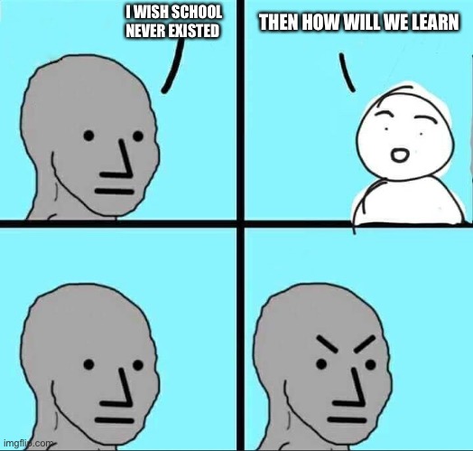 He may have a point or I’m just stupid | I WISH SCHOOL NEVER EXISTED; THEN HOW WILL WE LEARN | image tagged in npc meme | made w/ Imgflip meme maker
