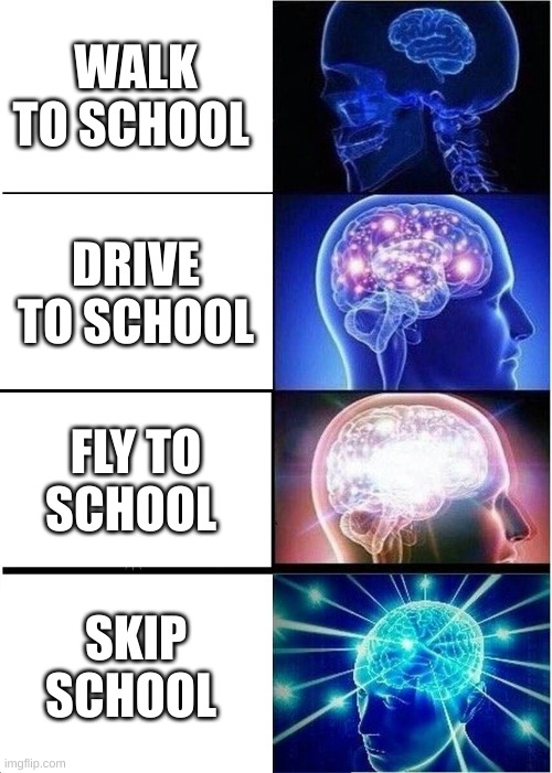 Expanding Brain Meme | WALK TO SCHOOL; DRIVE TO SCHOOL; FLY TO SCHOOL; SKIP SCHOOL | image tagged in memes,expanding brain | made w/ Imgflip meme maker