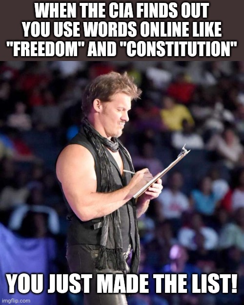 Chris Jericho List | WHEN THE CIA FINDS OUT YOU USE WORDS ONLINE LIKE "FREEDOM" AND "CONSTITUTION"; YOU JUST MADE THE LIST! | image tagged in chris jericho list | made w/ Imgflip meme maker