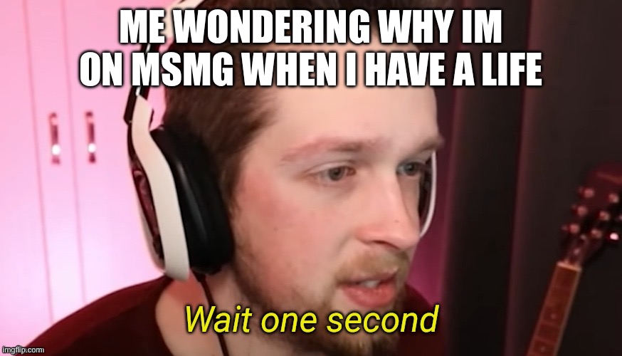 In other words: bye chat (mod note:Good for you.) | ME WONDERING WHY IM ON MSMG WHEN I HAVE A LIFE | image tagged in callmekevin wait one second | made w/ Imgflip meme maker