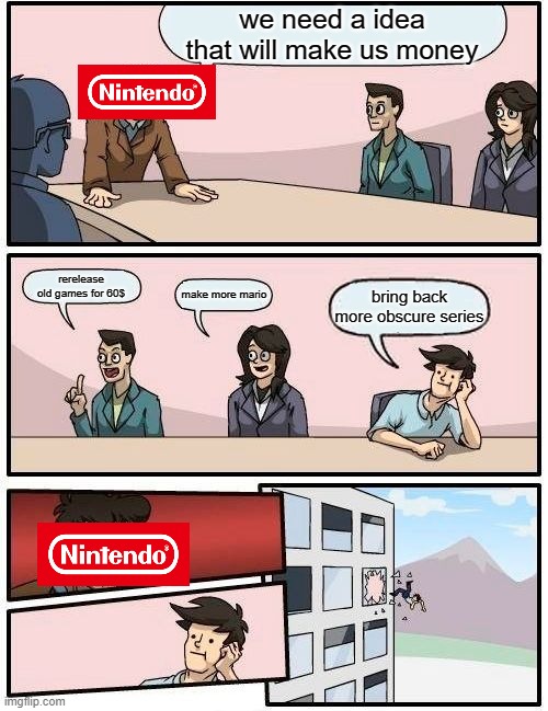 just do it nintendo | we need a idea that will make us money; rerelease old games for 60$; make more mario; bring back more obscure series | image tagged in memes,boardroom meeting suggestion | made w/ Imgflip meme maker