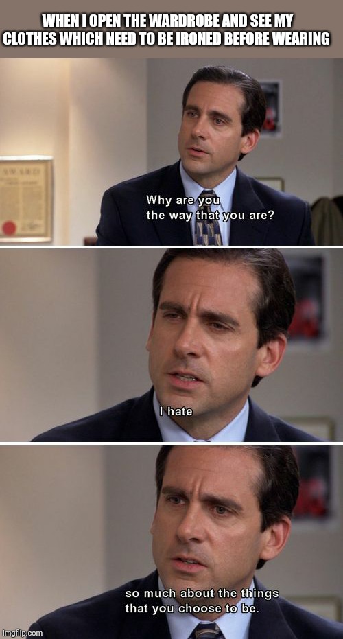 Ironing | WHEN I OPEN THE WARDROBE AND SEE MY CLOTHES WHICH NEED TO BE IRONED BEFORE WEARING | image tagged in michael scott why are you the way that you are long,ironing | made w/ Imgflip meme maker
