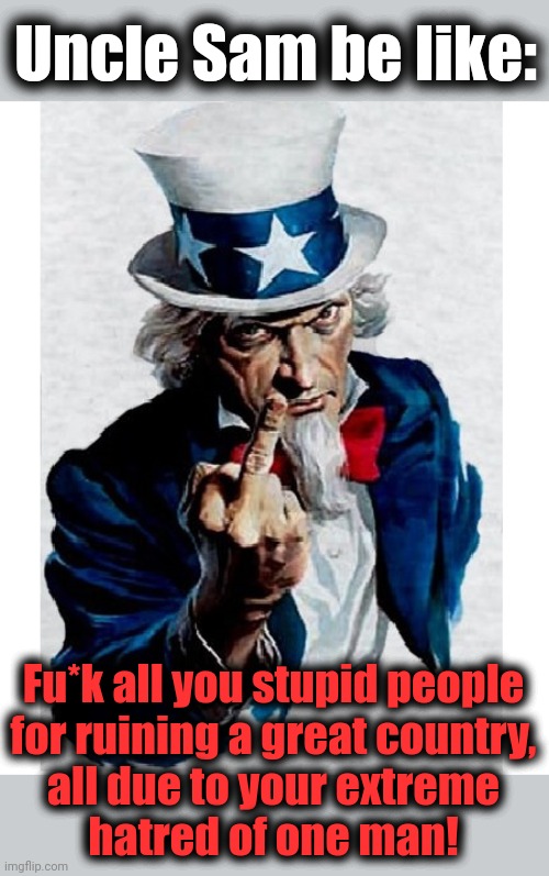 Uncle Sam Middle Finger | Uncle Sam be like: Fu*k all you stupid people
for ruining a great country,
all due to your extreme
hatred of one man! | image tagged in uncle sam middle finger | made w/ Imgflip meme maker