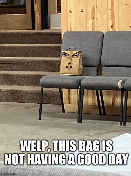 ): | WELP, THIS BAG IS NOT HAVING A GOOD DAY | image tagged in mad,funny,memes,sad,relatable,bruh | made w/ Imgflip meme maker