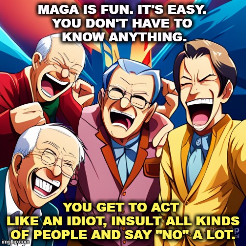 If that's all you need, I'm running for Congress! | MAGA IS FUN. IT'S EASY. 
YOU DON'T HAVE TO 
KNOW ANYTHING. YOU GET TO ACT 
LIKE AN IDIOT, INSULT ALL KINDS OF PEOPLE AND SAY "NO" A LOT. | image tagged in right wing,conservative,maga,idiots,insults,negativity | made w/ Imgflip meme maker