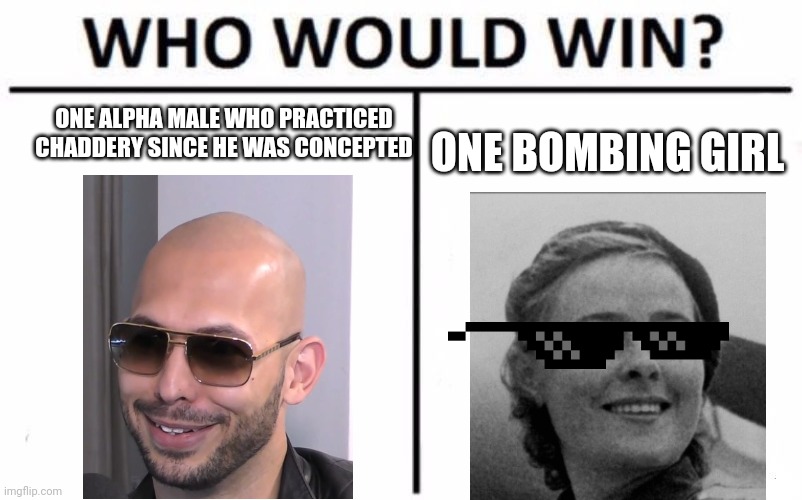 Who Would Win? Meme | ONE ALPHA MALE WHO PRACTICED CHADDERY SINCE HE WAS CONCEPTED; ONE BOMBING GIRL | image tagged in memes,who would win | made w/ Imgflip meme maker