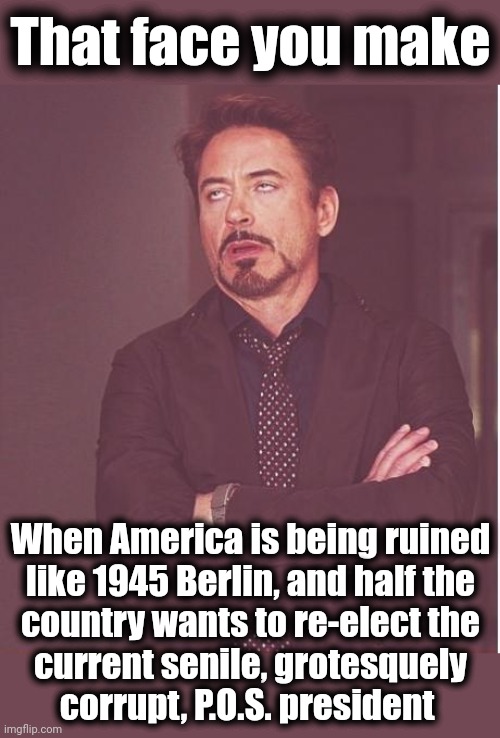 Just how stupid have Americans become?! | That face you make; When America is being ruined
like 1945 Berlin, and half the
country wants to re-elect the
current senile, grotesquely
corrupt, P.O.S. president | image tagged in memes,face you make robert downey jr,joe biden,democrats,election 2024,senile creep | made w/ Imgflip meme maker