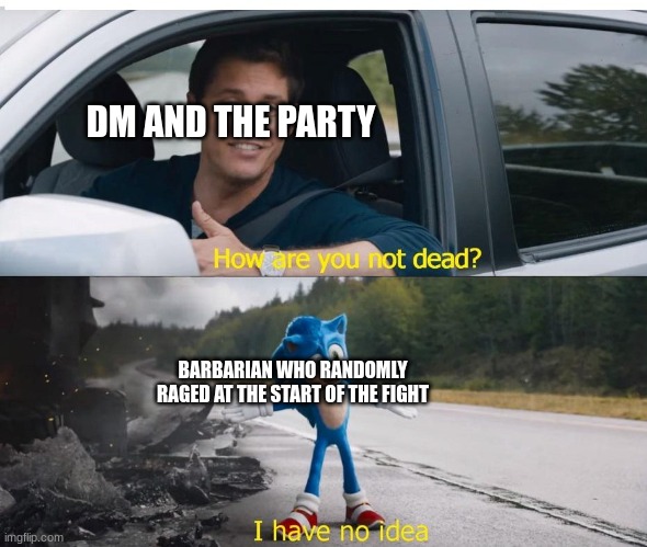 Dnd | DM AND THE PARTY; BARBARIAN WHO RANDOMLY RAGED AT THE START OF THE FIGHT | image tagged in sonic how are you not dead | made w/ Imgflip meme maker