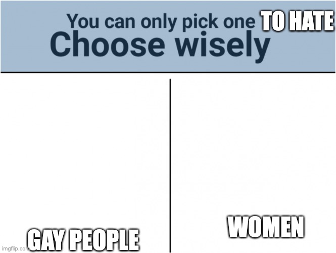 you can't pick both | TO HATE; GAY PEOPLE; WOMEN | image tagged in you can pick only one choose wisely | made w/ Imgflip meme maker